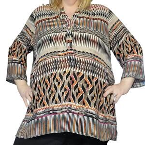 Rose & Olive Size 2X Orange Black Tunic Blouse Geometric V Neck Lightweight